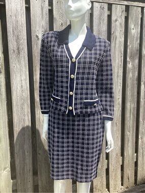 St. John Collection Navy and White Plaid Knit Skirt Set